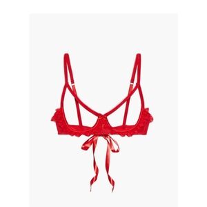 Red Lace Ruffle Open Cup Shelf Bra Cage Strappy Mesh Lingerie Bow‎ Accent